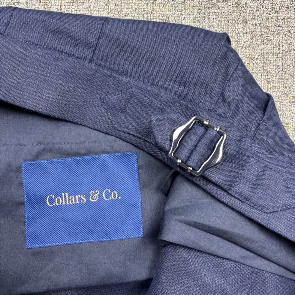 Collars & Co. Trousers Mens 38x32 Amalfi Navy Blue Linen Pleated Side Adjusters